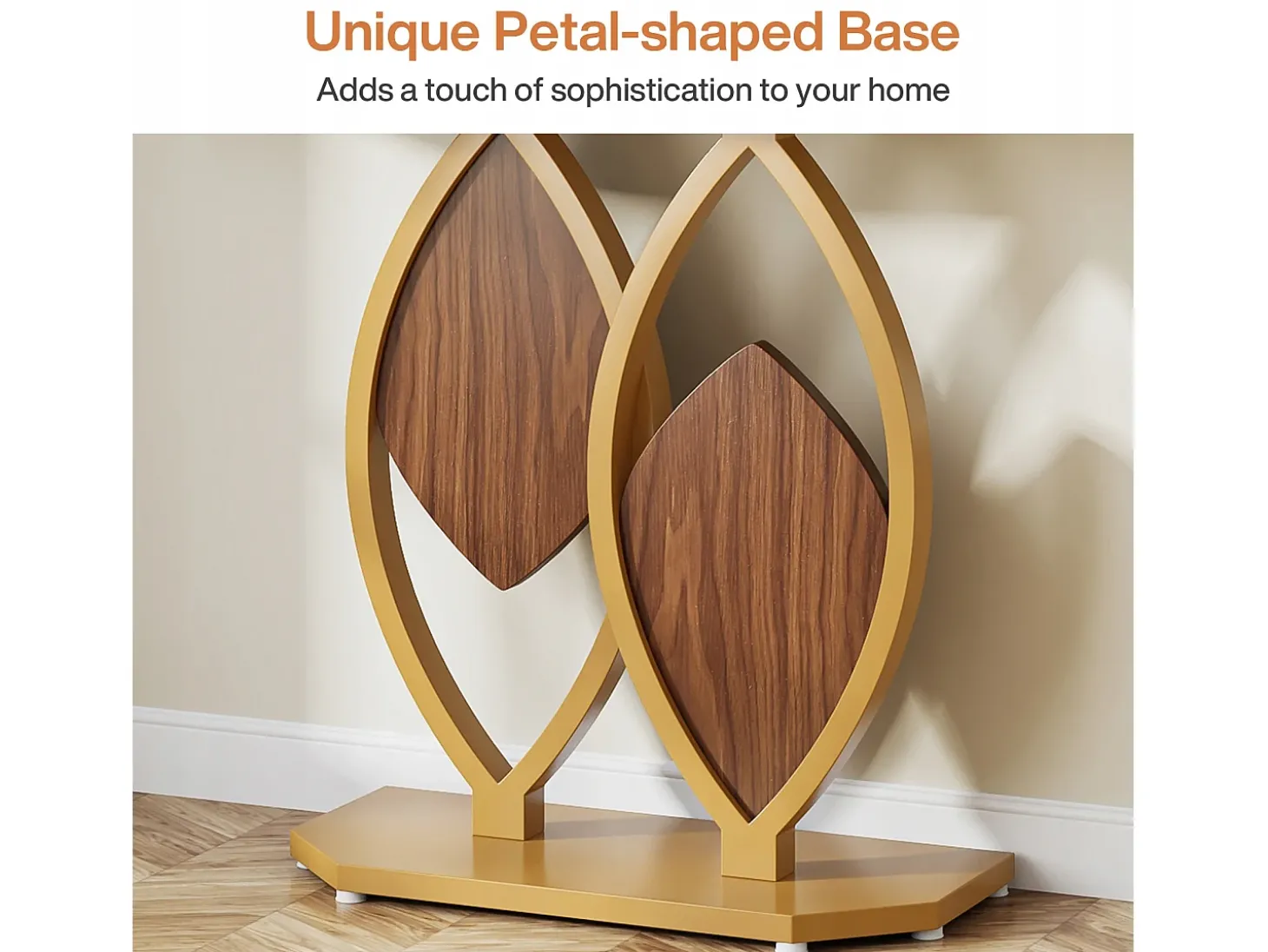 Console de mesa estreita, Móvel de entrada em falso mármore, Mesa de entrada escandinava com pés em metal dourado em forma de 2 pétalas