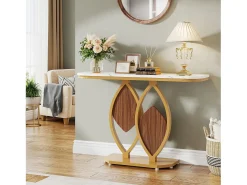 Console de mesa estreita, Móvel de entrada em falso mármore, Mesa de entrada escandinava com pés em metal dourado em forma de 2 pétalas