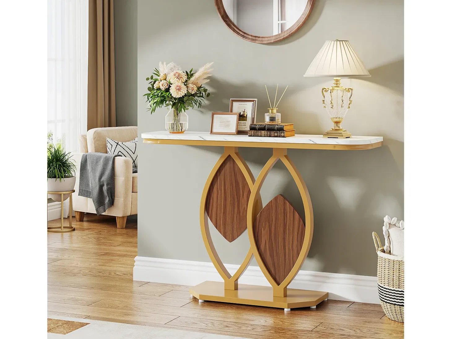 Console de mesa estreita, Móvel de entrada em falso mármore, Mesa de entrada escandinava com pés em metal dourado em forma de 2 pétalas