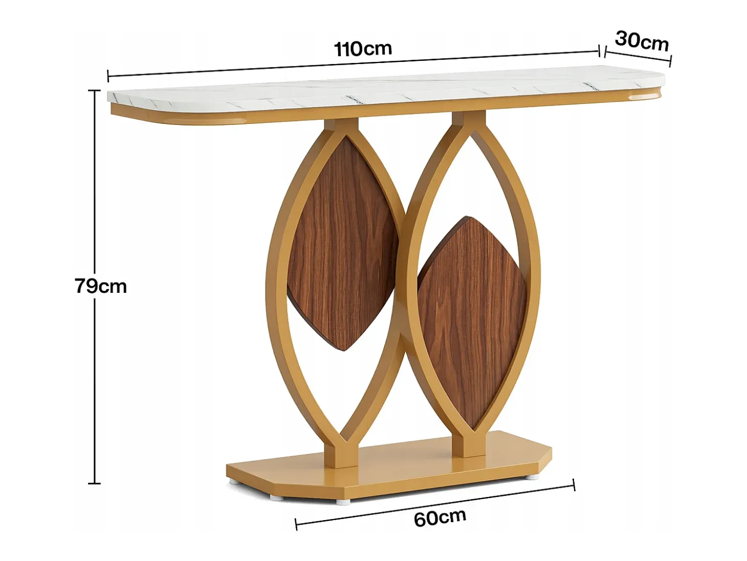 Console de mesa estreita, Móvel de entrada em falso mármore, Mesa de entrada escandinava com pés em metal dourado em forma de 2 pétalas