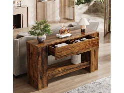 Console de Mesa Rústica Marrom com 2 Gavetas, Console de Mesa Estreita de 2 Níveis de 140cm