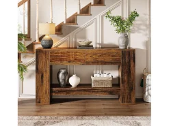 Console de Mesa Rústica Marrom com 2 Gavetas, Console de Mesa Estreita de 2 Níveis de 140cm