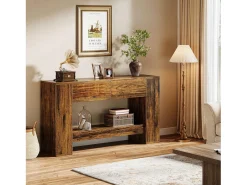 Console de Mesa Rústica Marrom com 2 Gavetas, Console de Mesa Estreita de 2 Níveis de 140cm