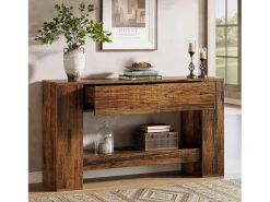 Console de Mesa Rústica Marrom com 2 Gavetas, Console de Mesa Estreita de 2 Níveis de 140cm