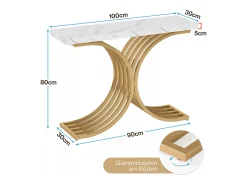 Console estreita para mesa, mesa auxiliar com estrutura em metal dourado, 100 x 30 x 80 cm, pequena mesa de exposição