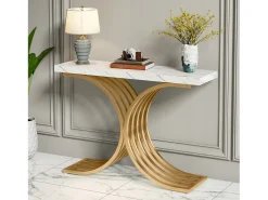 Console estreita para mesa, mesa auxiliar com estrutura em metal dourado, 100 x 30 x 80 cm, pequena mesa de exposição