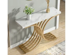 Console estreita para mesa, mesa auxiliar com estrutura em metal dourado, 100 x 30 x 80 cm, pequena mesa de exposição