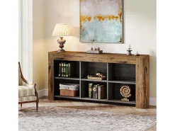 Console table com 160 cm de comprimento, mesa de entrada em madeira rústica com 6 cubos de armazenamento