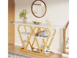 Console 120x29,5x80 cm - con tampo efeito mármore - Metal - Branco + dourado