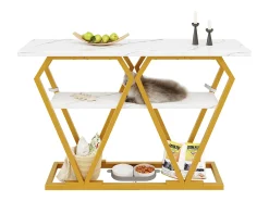 Console 120x29,5x80 cm - con tampo efeito mármore - Metal - Branco + dourado
