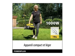 Cortador de relva elétrico POWERPLUS 1000W, 32 cm, Cesto 30L, 3 alturas ajustáveis, Ejeção traseira, Compacto e leve