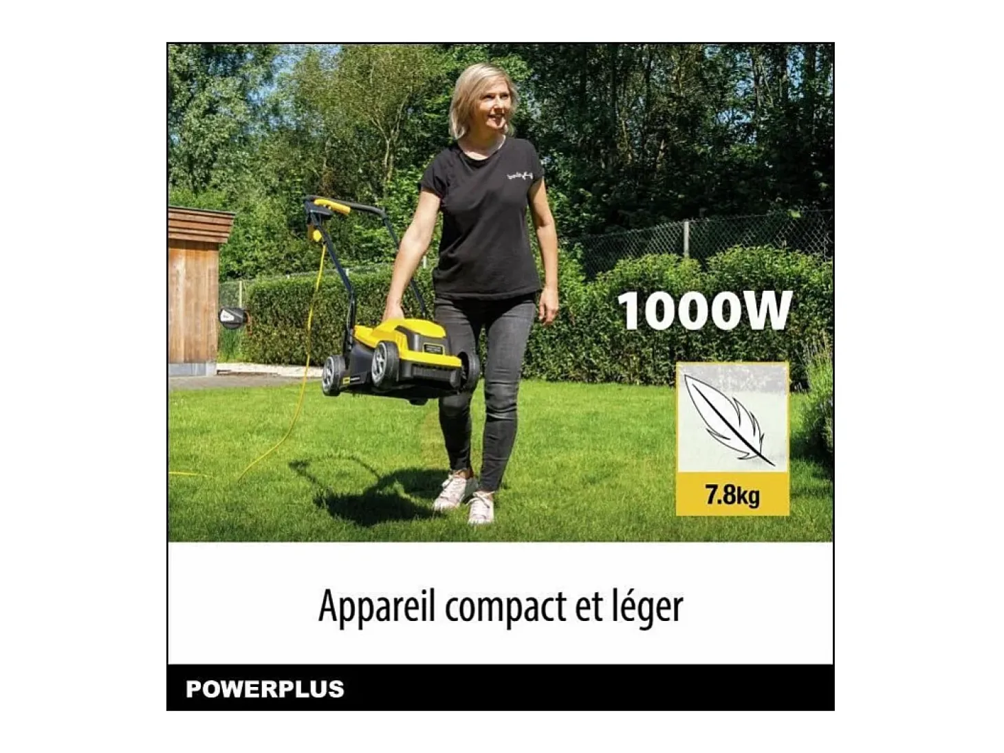 Cortador de relva elétrico POWERPLUS 1000W, 32 cm, Cesto 30L, 3 alturas ajustáveis, Ejeção traseira, Compacto e leve