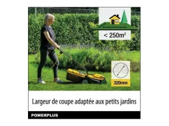 Cortador de relva elétrico POWERPLUS 1000W, 32 cm, Cesto 30L, 3 alturas ajustáveis, Ejeção traseira, Compacto e leve
