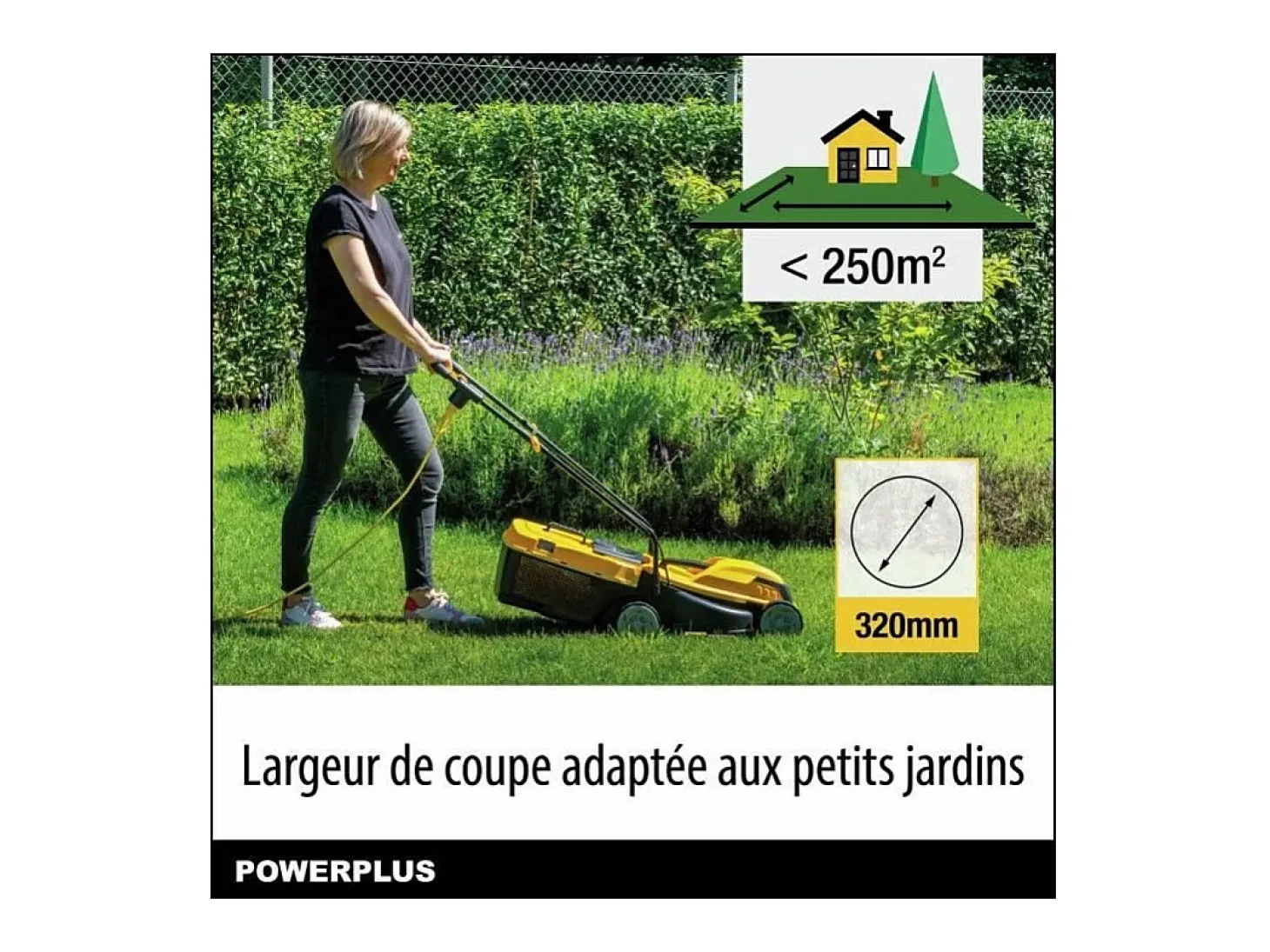 Cortador de relva elétrico POWERPLUS 1000W, 32 cm, Cesto 30L, 3 alturas ajustáveis, Ejeção traseira, Compacto e leve