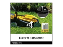 Cortador de relva elétrico POWERPLUS 1000W, 32 cm, Cesto 30L, 3 alturas ajustáveis, Ejeção traseira, Compacto e leve