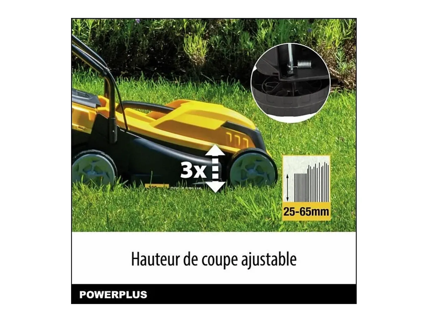 Cortador de relva elétrico POWERPLUS 1000W, 32 cm, Cesto 30L, 3 alturas ajustáveis, Ejeção traseira, Compacto e leve