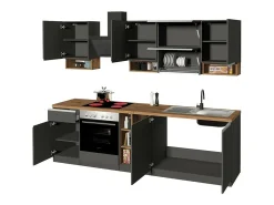 Cozinha completa Danderso, Conjunto com despensa, Armário de cozinha, Kit bloco com ilha e suporte para frigorífico, 100% Fabricado em Itália, Antracite e Carvalho