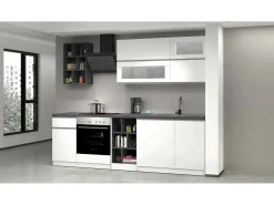 Cozinha completa Dcastill, Conjunto com despensa, Armário de cozinha, Kit de bloco linear, 100% Fabricado em Itália, 255x60h85 cm, Branco brilhante e ardósia