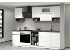 Cozinha completa Dceccaron, Conjunto com despensa, Armário de cozinha, Kit de bloco linear, 100% Fabricado em Itália, 255x60h85 cm, Branco brilhante e ardósia