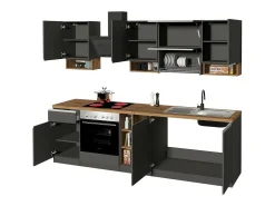 Cozinha completa Dceccaron, Conjunto com despensa, Armário de cozinha, Kit de bloco linear, 100% Fabricado em Itália, 255x60h85 cm, Antracite e Carvalho