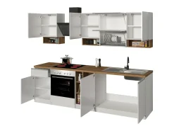 Cozinha completa Dceccaron, Conjunto com despensa, Armário de cozinha, Kit de bloco linear, 100% Fabricado em Itália, 255x60h85 cm, Branco brilhante e carvalho