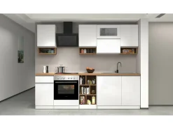 Cozinha completa Dceccaron, Conjunto com despensa, Armário de cozinha, Kit de bloco linear, 100% Fabricado em Itália, 255x60h85 cm, Branco brilhante e carvalho