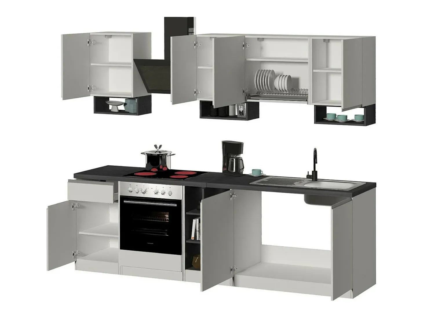 Cozinha completa Dcelient, Conjunto com despensa, Armário de cozinha, Kit de bloco linear, 100% Made in Italy, 255x60h85 cm, Branco brilhante e ardósia