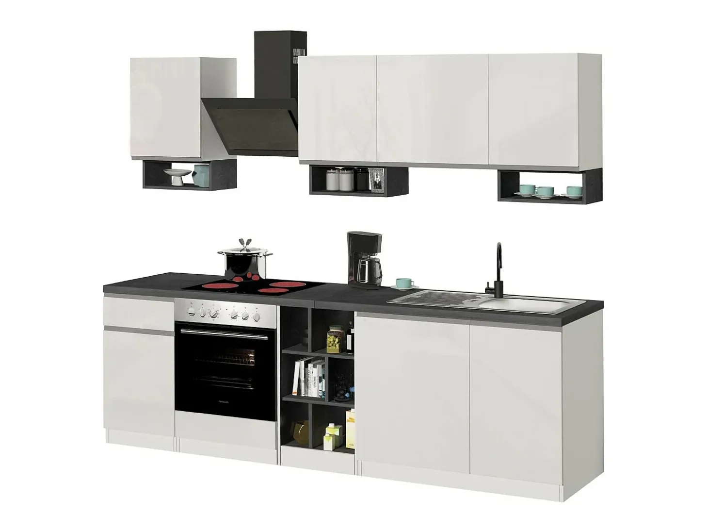 Cozinha completa Dcelient, Conjunto com despensa, Armário de cozinha, Kit de bloco linear, 100% Made in Italy, 255x60h85 cm, Branco brilhante e ardósia