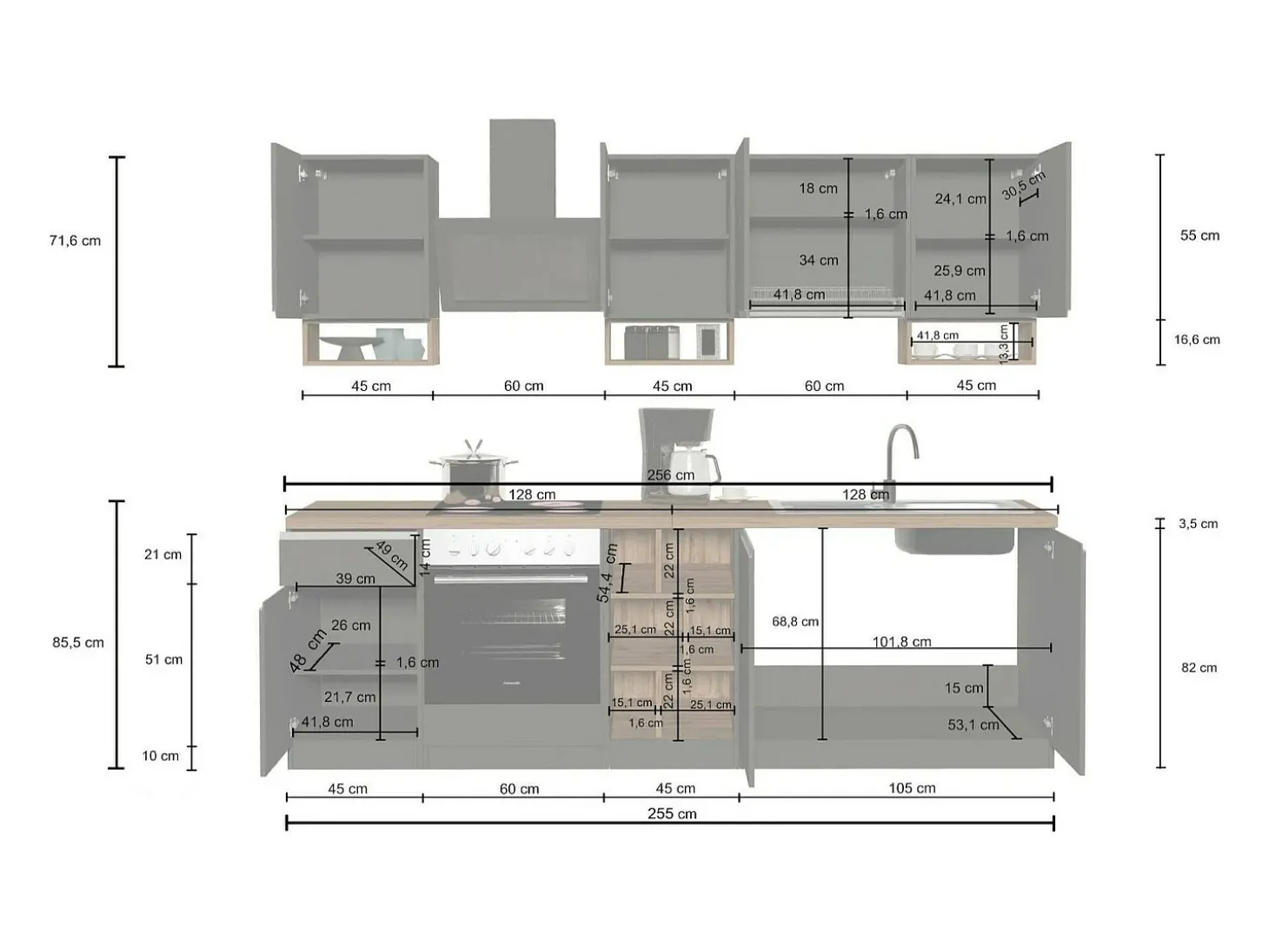 Cozinha completa Dcelient, Conjunto com despensa, Armário de cozinha, Kit de bloco linear, 100% Made in Italy, 255x60h85 cm, Branco brilhante e ardósia