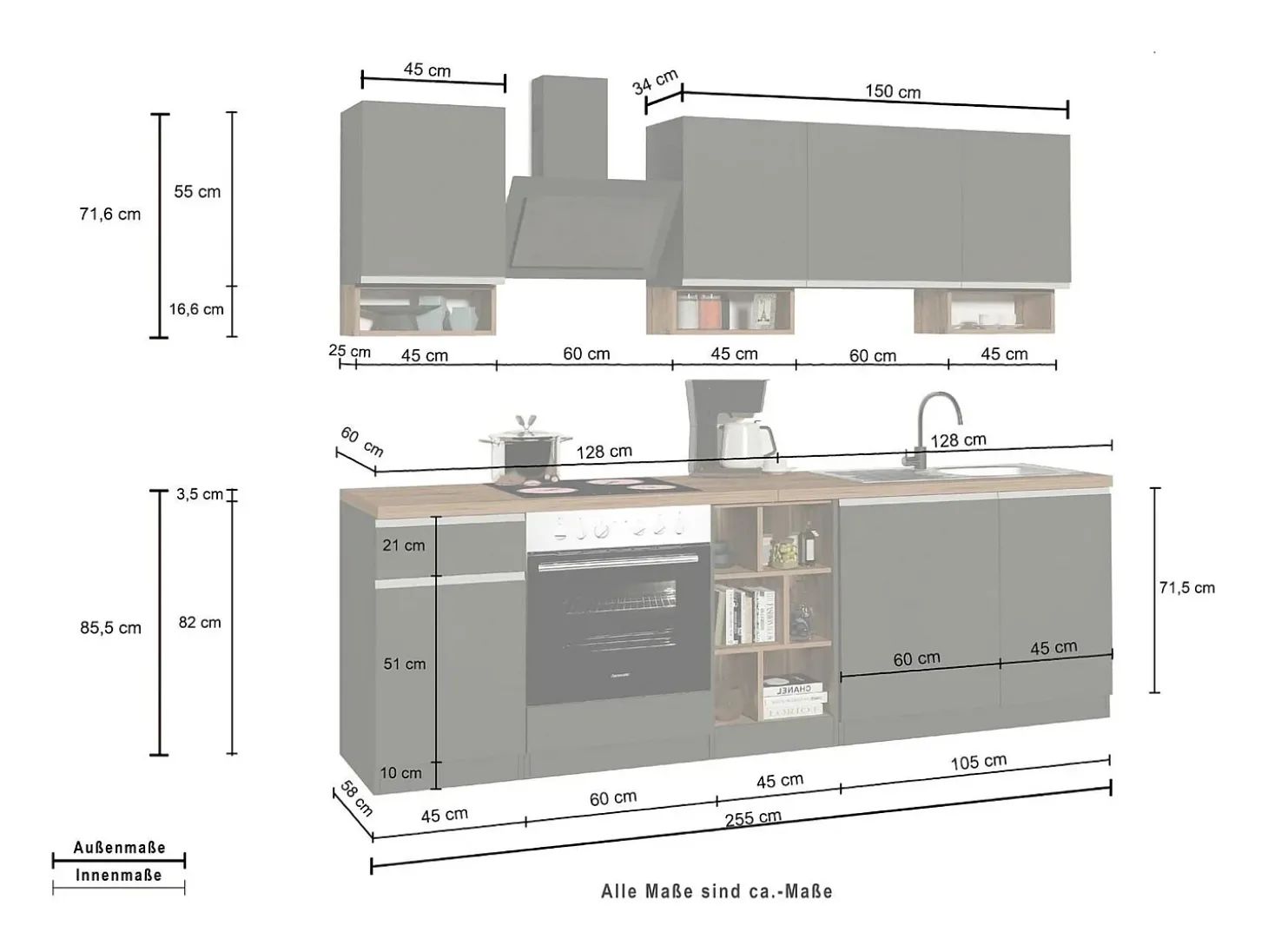 Cozinha completa Dcelient, Conjunto com despensa, Armário de cozinha, Kit de bloco linear, 100% Made in Italy, 255x60h85 cm, Branco brilhante e ardósia