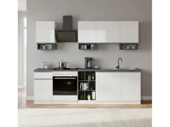 Cozinha completa Dcelient, Conjunto com despensa, Armário de cozinha, Kit de bloco linear, 100% Made in Italy, 255x60h85 cm, Branco brilhante e ardósia