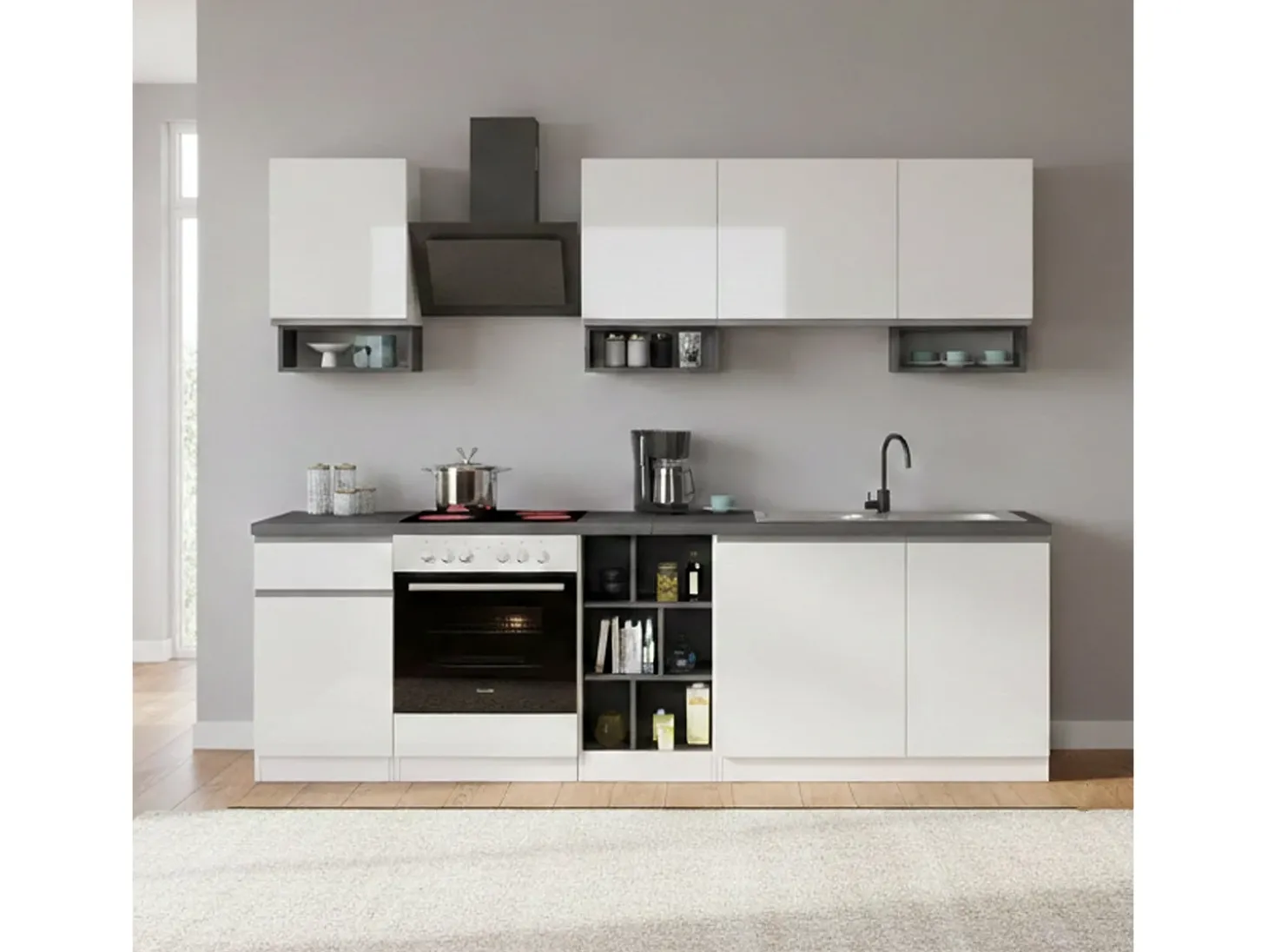 Cozinha completa Dcelient, Conjunto com despensa, Armário de cozinha, Kit de bloco linear, 100% Made in Italy, 255x60h85 cm, Branco brilhante e ardósia