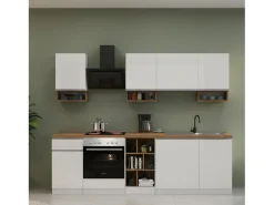 Cozinha completa Dcelient, Conjunto com despensa, Armário de cozinha, Kit de bloco linear, 100% Fabricado em Itália, 255x60h85 cm, Branco brilhante e carvalho
