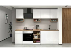 Cozinha completa Dcelient, Conjunto com despensa, Armário de cozinha, Kit de bloco linear, 100% Fabricado em Itália, 255x60h85 cm, Branco brilhante e carvalho