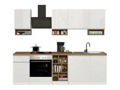 Cozinha completa Dcelient, Conjunto com despensa, Armário de cozinha, Kit de bloco linear, 100% Fabricado em Itália, 255x60h85 cm, Branco brilhante e carvalho