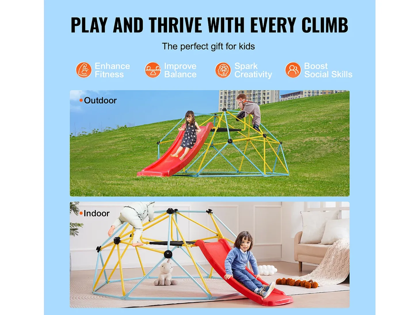 Cúpula de Escalada SucceBuy, 2,4 m com Escorregador, Escalador com Cúpula Geométrica, Sala de Juegos para Crianças de 3 a 9 Anos