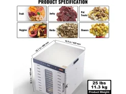 Desidratador SucceBuy Desidratador Alimentar com 10 Pratos, Secador de Frutas Secas em Aço Inoxydável de 1000 W