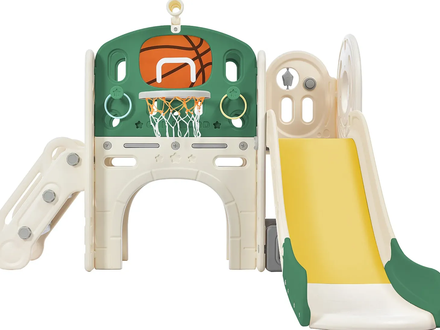Diapositivo 4 em 1 - com escadas, espaço de arrumação, cesto de basquetebol - verde