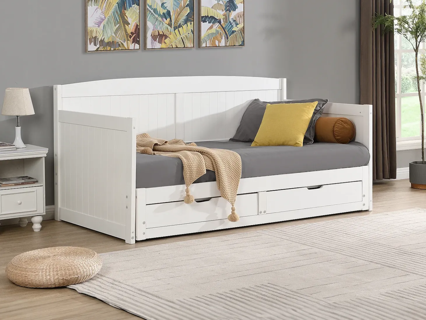 Divã de 90 x 190 ou 180 x 190 cm em pinho e MDF branco com base ripada - DINIVA
