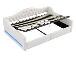 Divã 140x200 cm em linho bege - Cama de casal com arrumação e LED