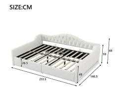Divã 140x200 cm em linho bege - Cama de casal com arrumação e LED