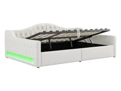 Divã 140x200 cm em linho bege - Cama de casal com arrumação e LED