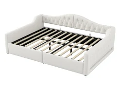 Divã 140x200 cm em linho bege - Cama de casal com arrumação e LED