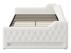 Divã 140x200 cm em linho bege - Cama de casal com arrumação e LED