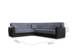 Divano letto con penisola Matias, Divano contenitore ad angolo in ecopelle e tessuto, Sofà con apertura click-clack, 305x238h91 cm, Nero e Grigio