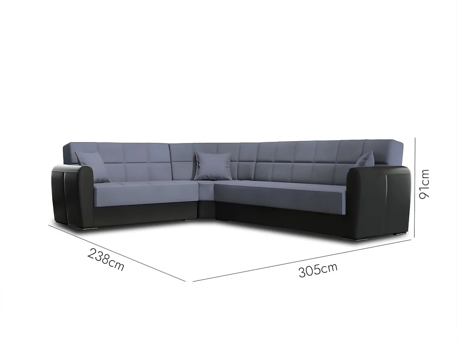 Divano letto con penisola Matias, Divano contenitore ad angolo in ecopelle e tessuto, Sofà con apertura click-clack, 305x238h91 cm, Nero e Grigio