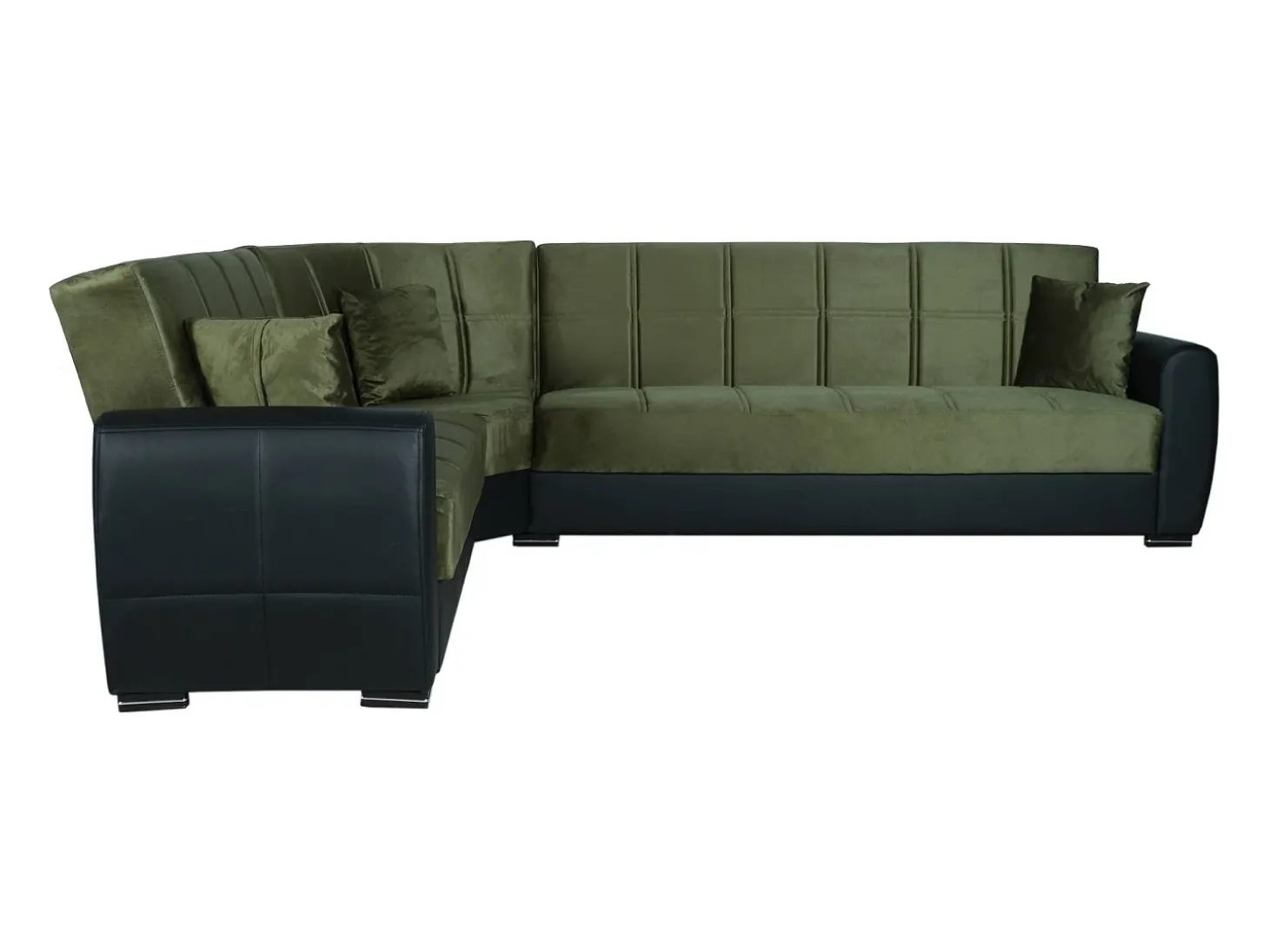 Divano letto con penisola Matias, Divano contenitore ad angolo in ecopelle e tessuto, Sofà con apertura click-clack, 305x238h91 cm, Nero e Verde