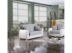 Divano letto con penisola Pablito, Divano contenitore reversibile in ecopelle e tessuto, Sofà apertura click-clack, 163x84h91 cm, Bianco e Grigio