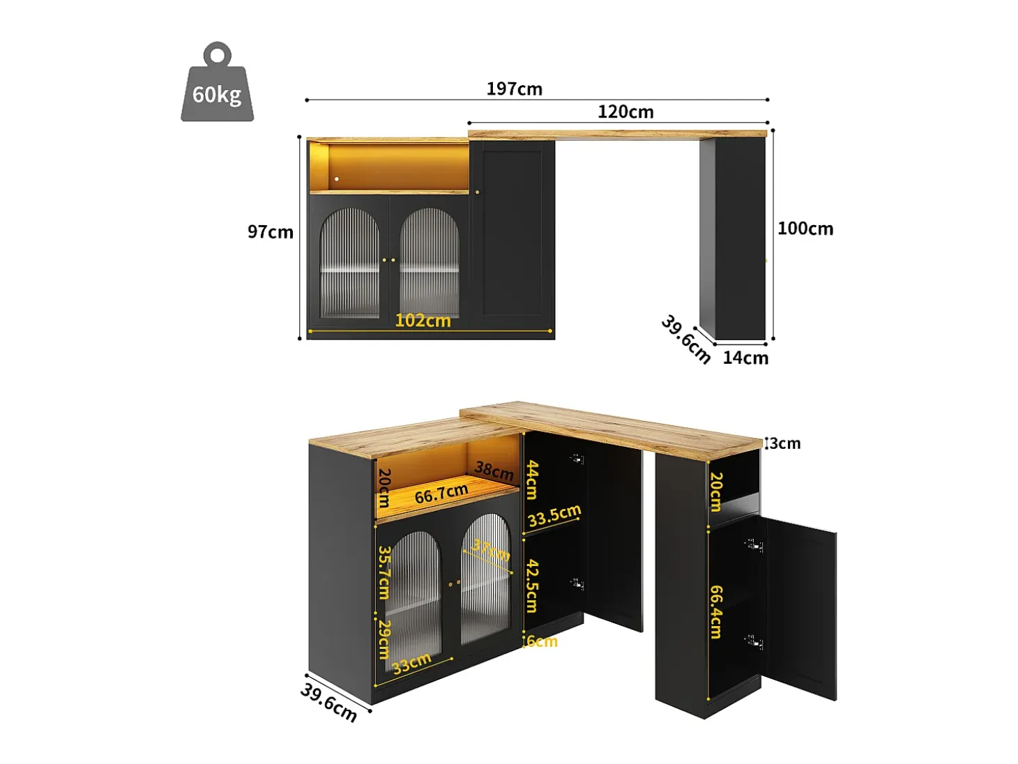 Draaibare barkast met 4 deuren en LED-verlichting - Glazen deuren - Houtnerf bovenblad - Zwart