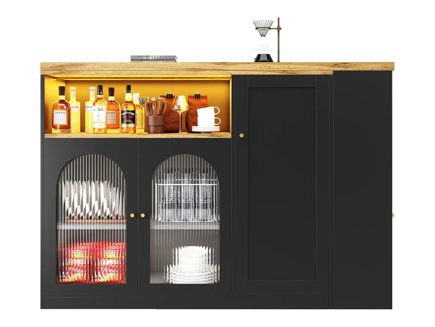 Draaibare barkast met 4 deuren en LED-verlichting - Glazen deuren - Houtnerf bovenblad - Zwart